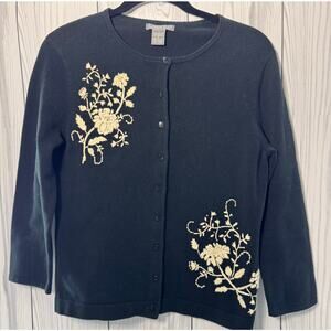 VTG Eagle Eye Black Cardigan Cream Floral Decor Button Up Size Small